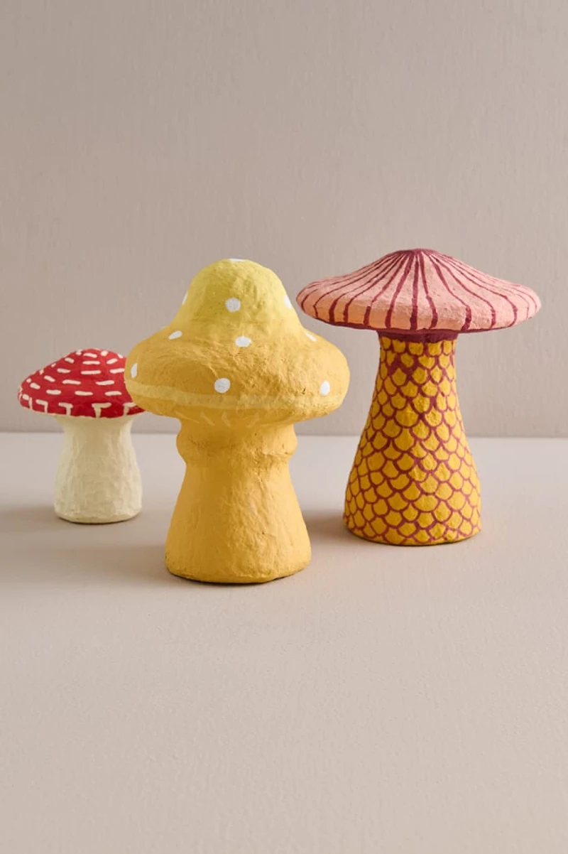 Yellow Mushroom Paper Mache Figurine