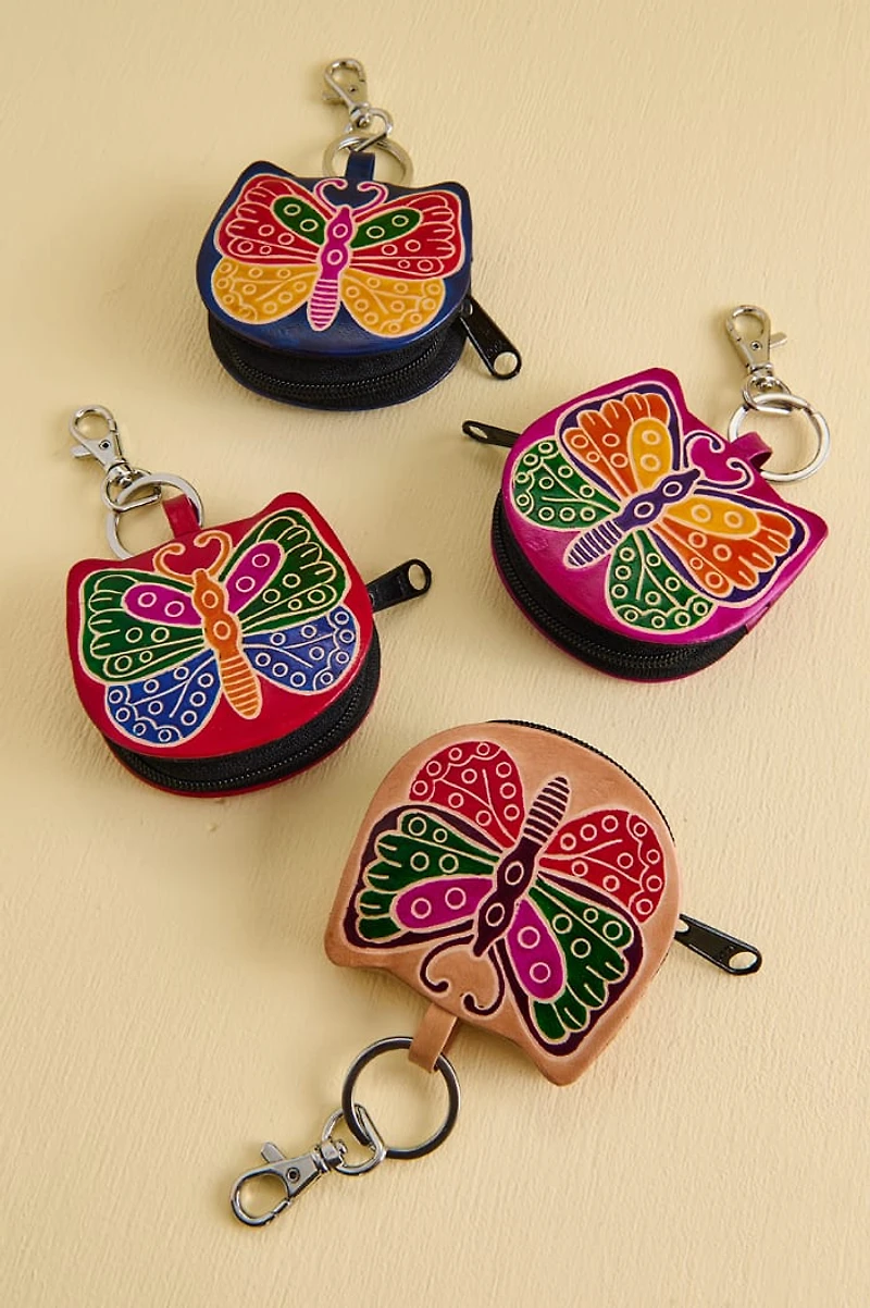 Multi Butterfly Leather Coin Pouch Keychain