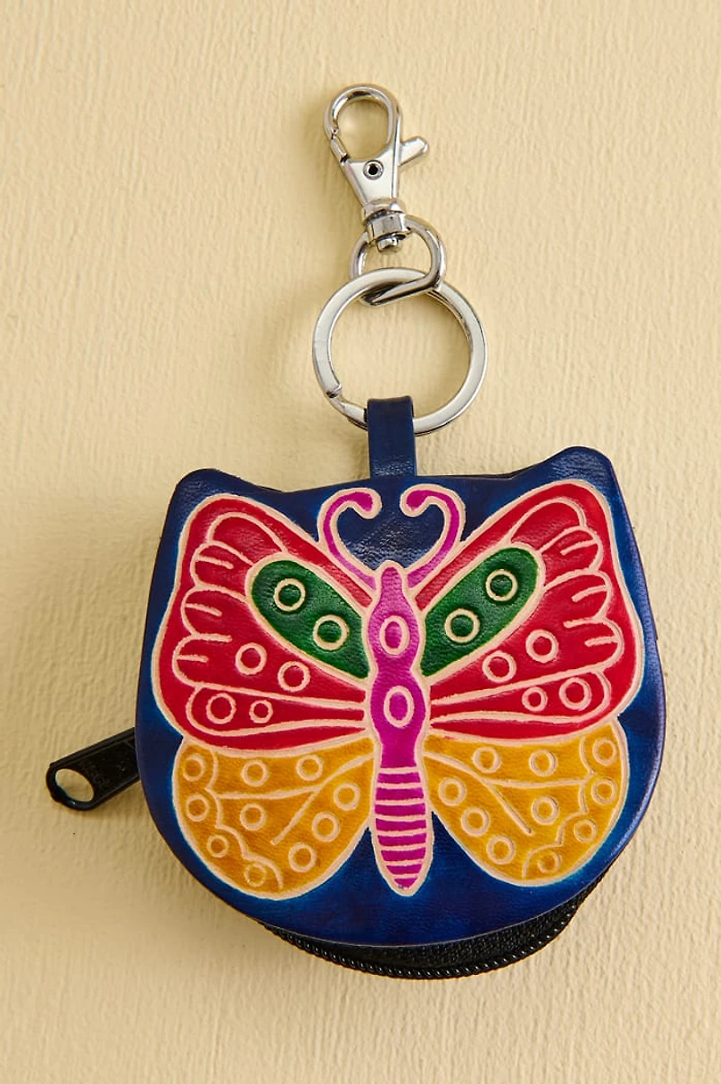 Multi Butterfly Leather Coin Pouch Keychain