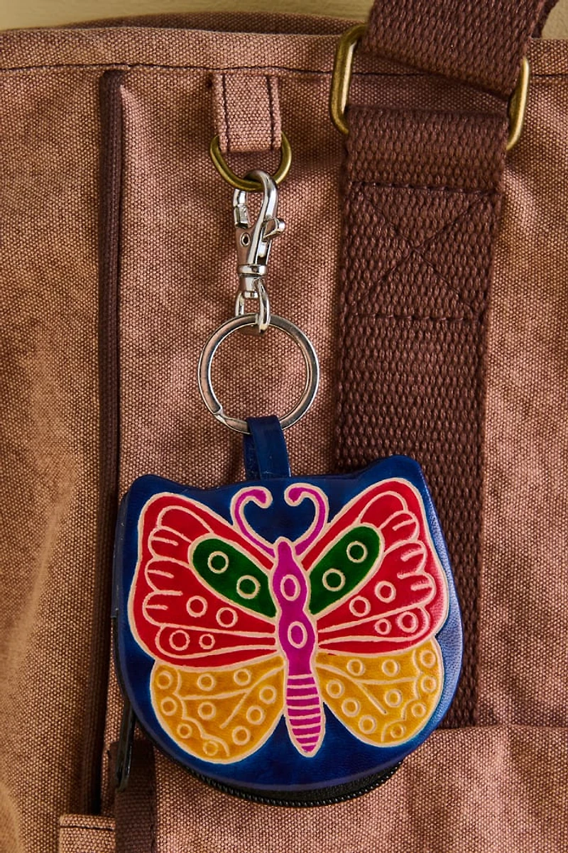 Multi Butterfly Leather Coin Pouch Keychain