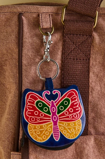 Multi Butterfly Leather Coin Pouch Keychain