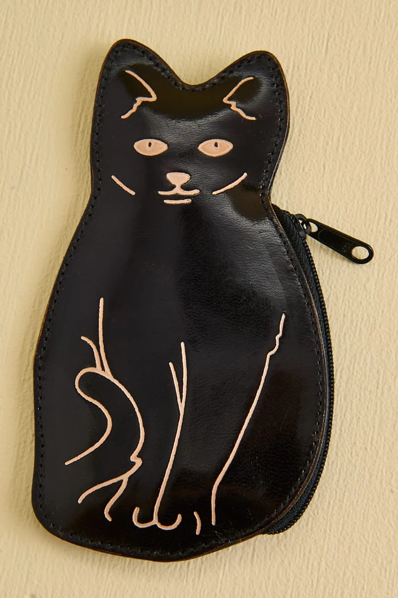 Black Cat Leather Coin Pouch Keychain