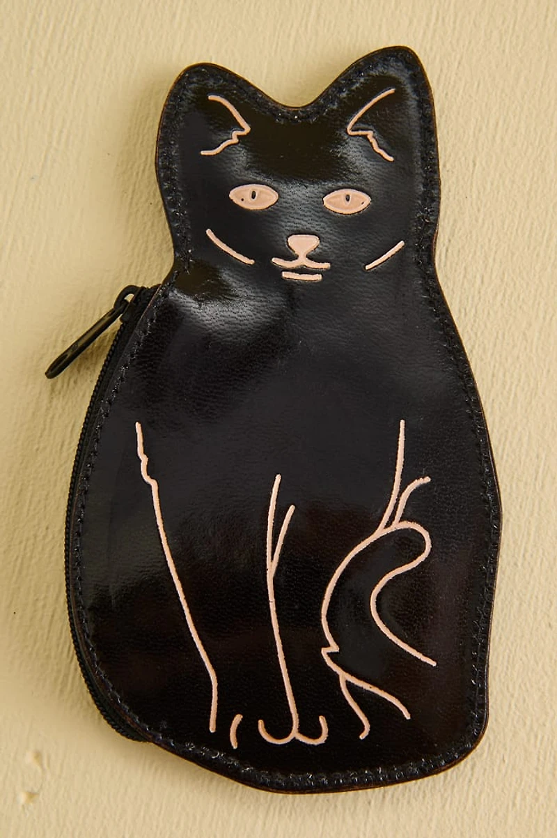 Black Cat Leather Coin Pouch Keychain