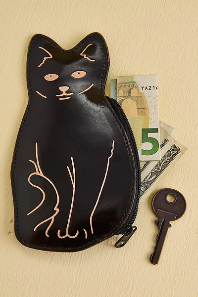Black Cat Leather Coin Pouch Keychain