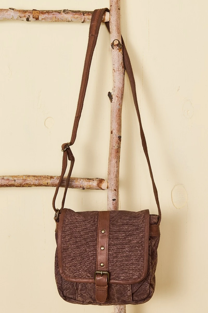 Brown Leather Trim Canvas Messenger Bag