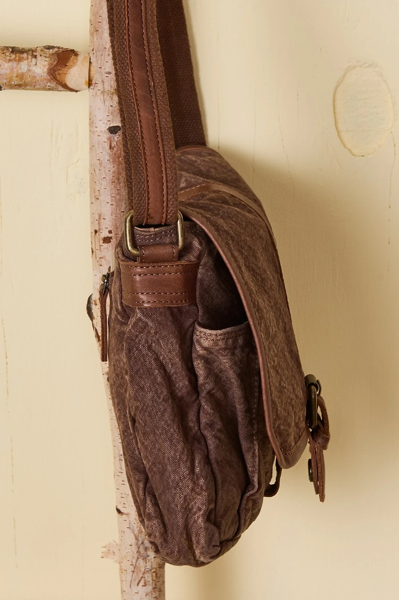 Brown Leather Trim Canvas Messenger Bag