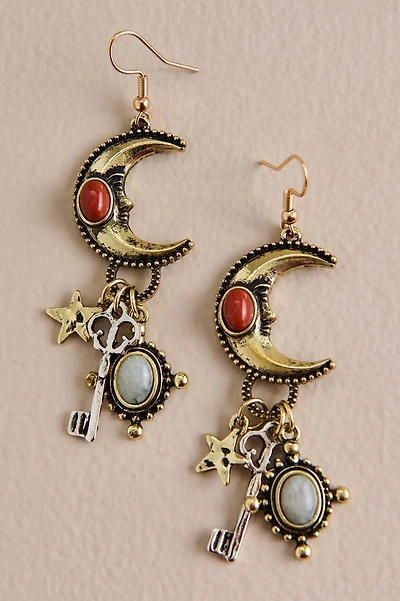 Multi Stone Crescent Moon Key Earrings
