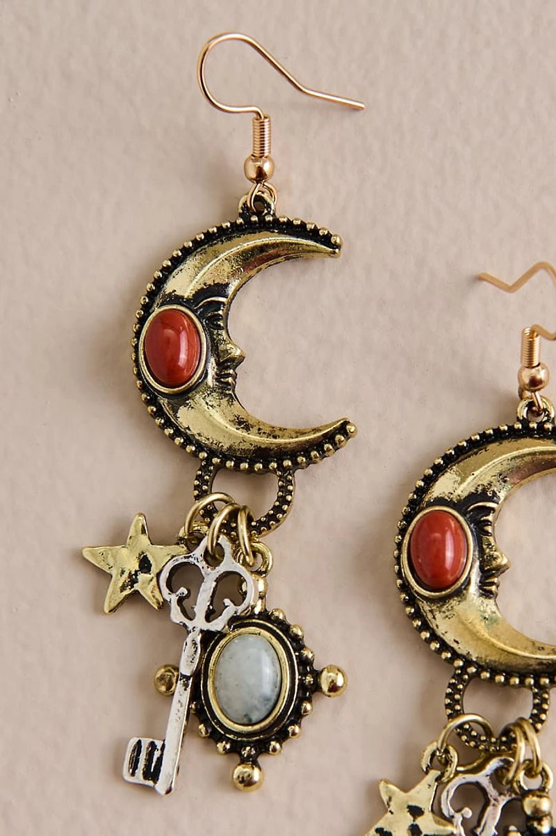 Multi Stone Crescent Moon Key Earrings