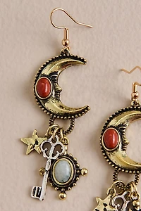 Multi Stone Crescent Moon Key Earrings