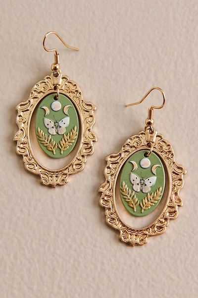 Green Moth Ornate Oval Frame Earrings