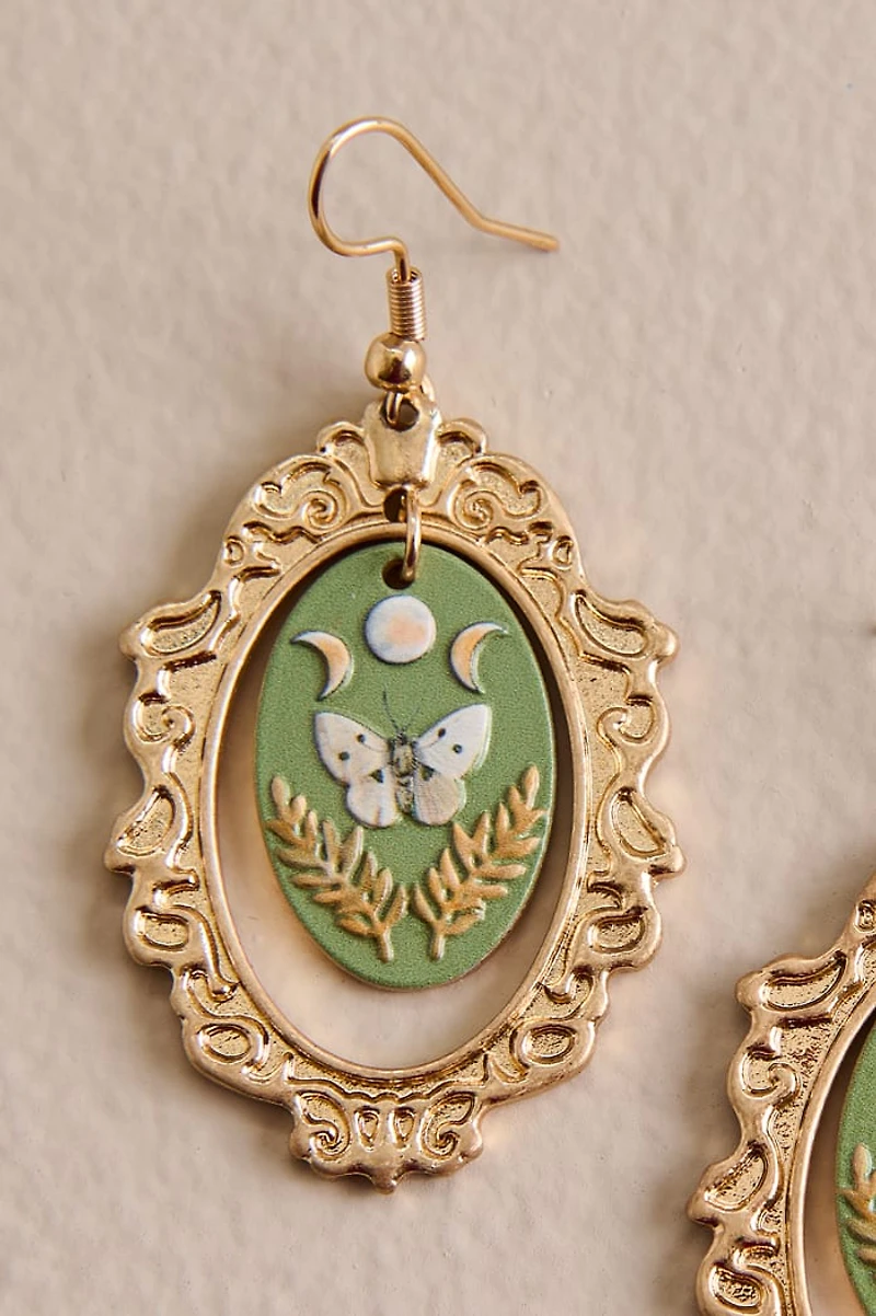 Green Moth Ornate Oval Frame Earrings