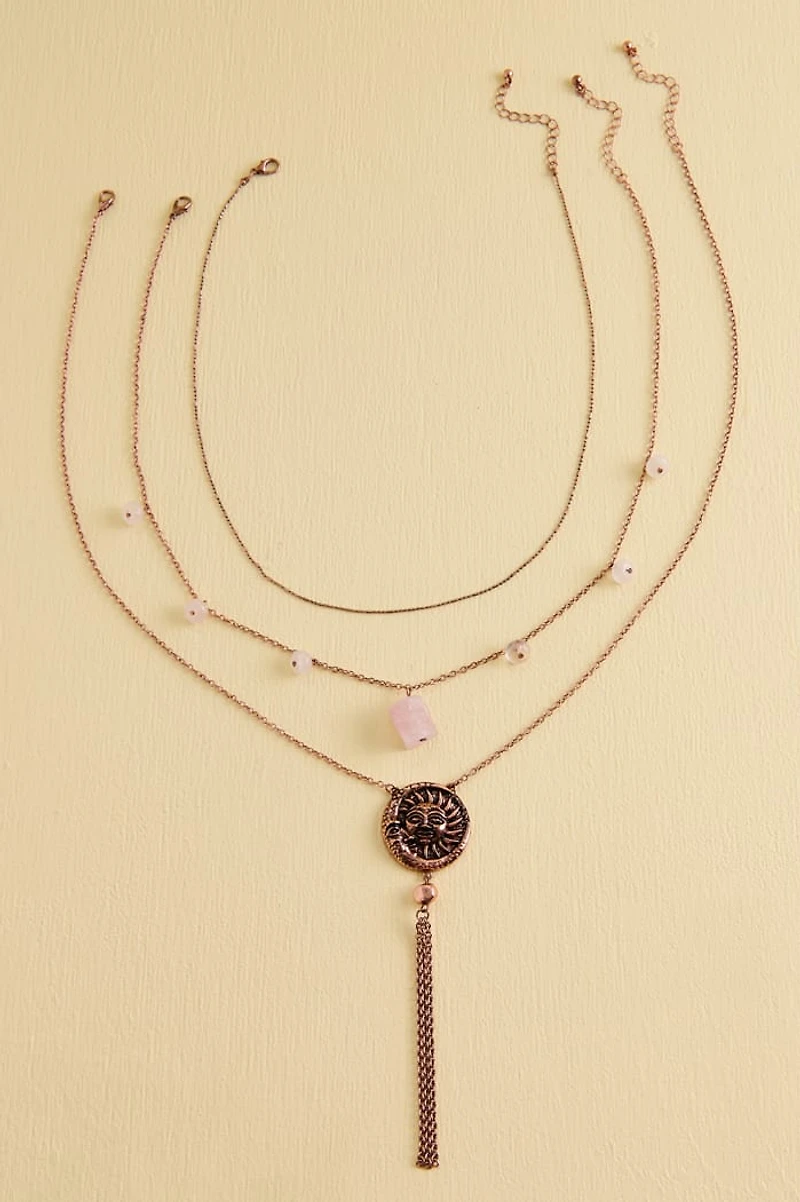 Rose Quartz Sun Moon Tassel Necklace Set