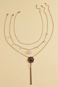 Rose Quartz Sun Moon Tassel Necklace Set
