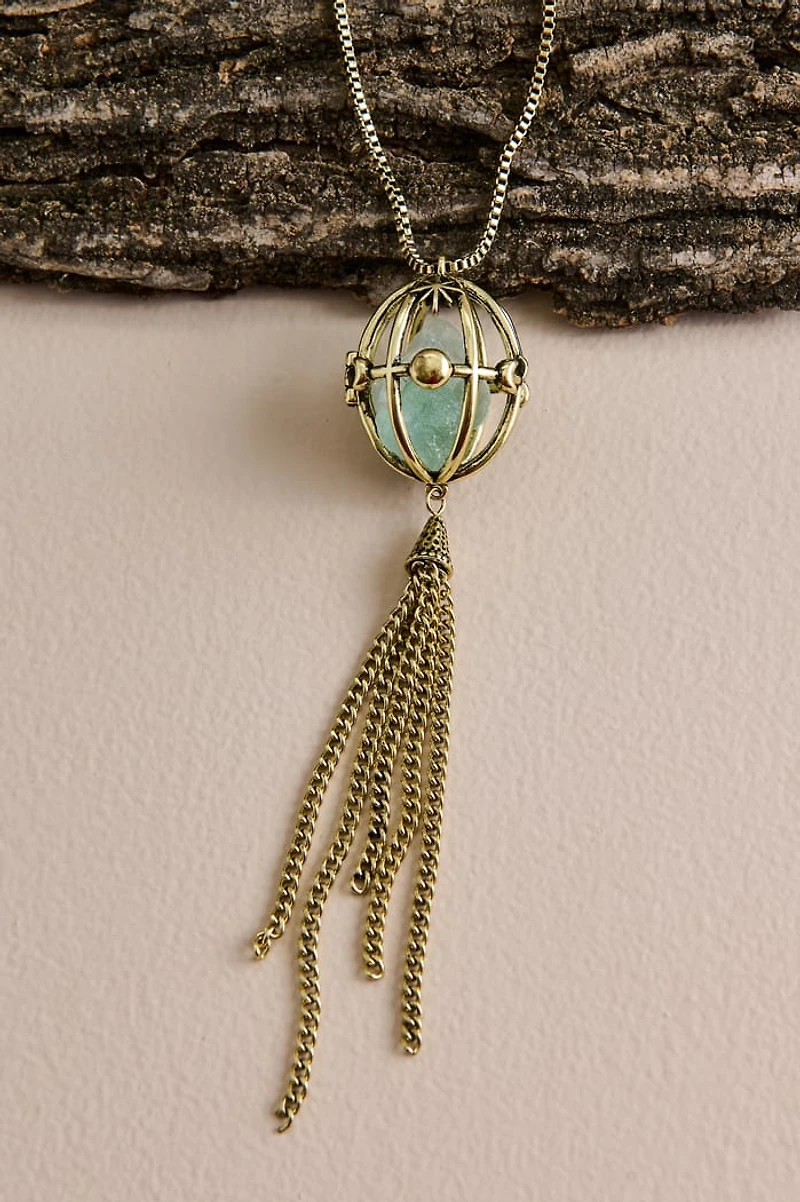 Fluorite Caged Gold Metal Tassel Necklace
