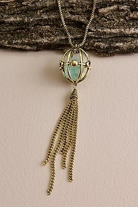 Fluorite Caged Gold Metal Tassel Necklace