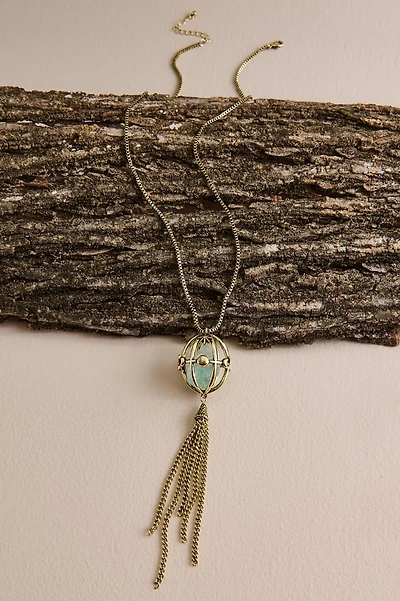 Fluorite Caged Gold Metal Tassel Necklace