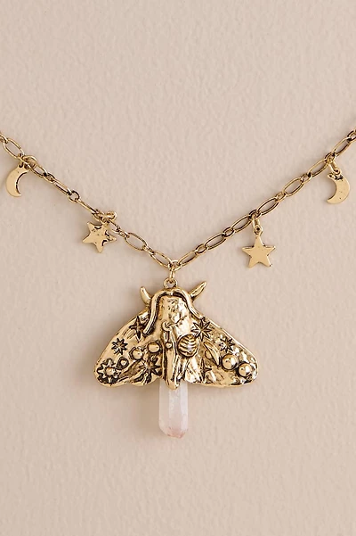 Quartz Gold Moth Boho Necklace