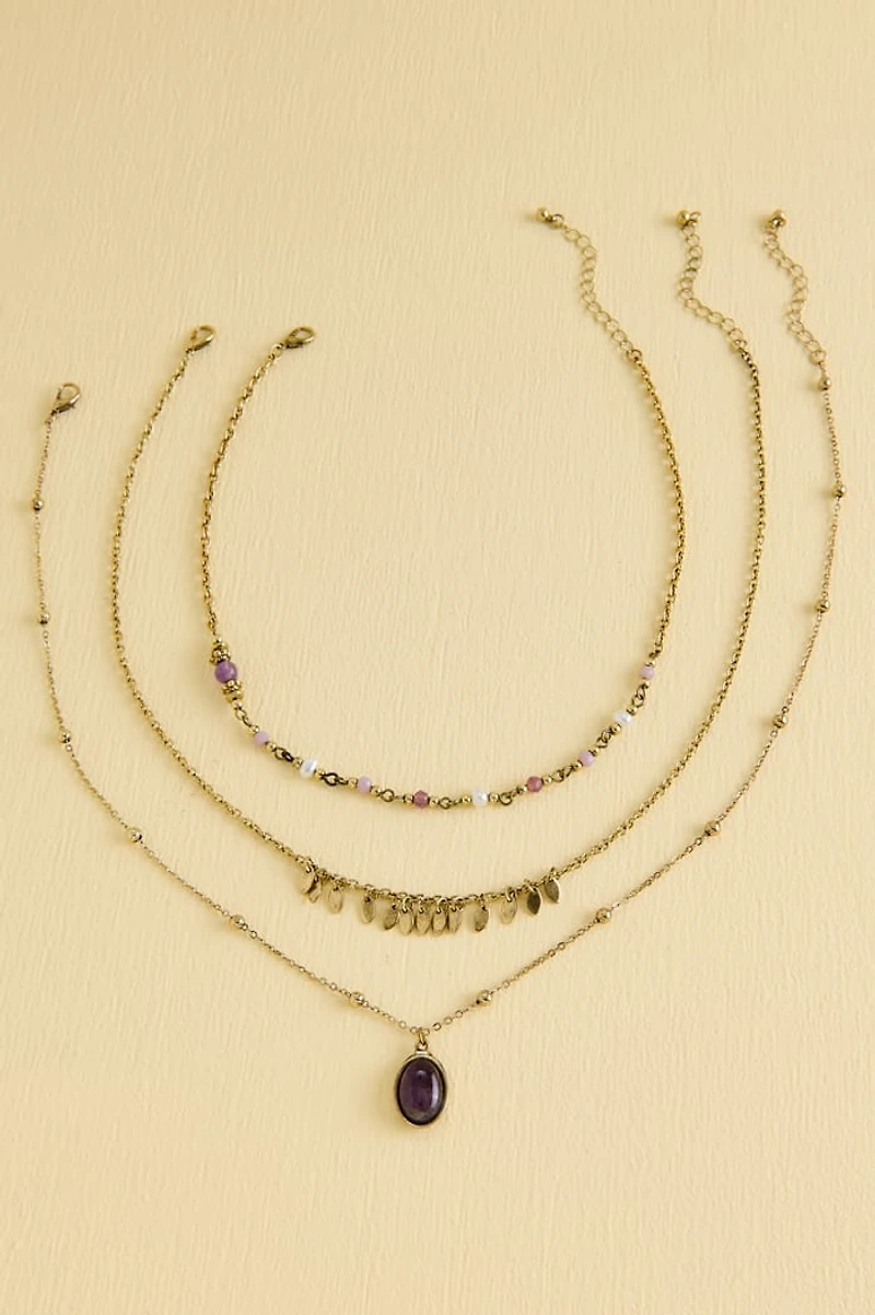 Amethyst Oval Pendant Gold Necklace Set