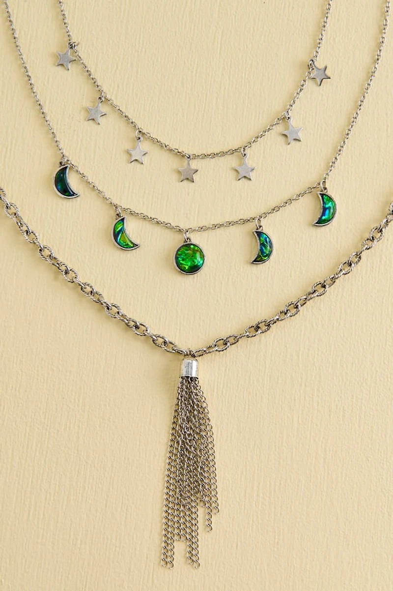 Green Silver Moon Necklace Set
