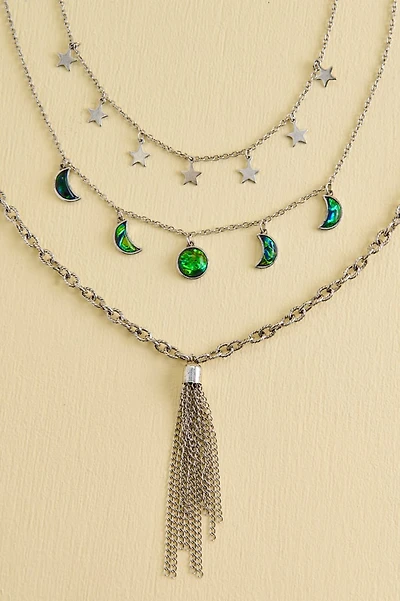 Green Silver Moon Necklace Set
