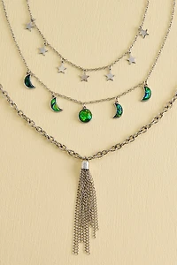 Green Silver Moon Necklace Set