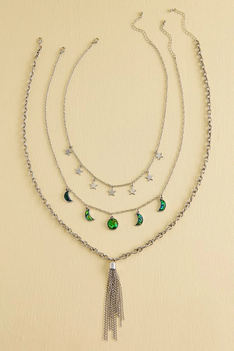 Green Silver Moon Necklace Set