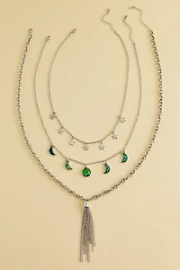 Green Silver Moon Necklace Set