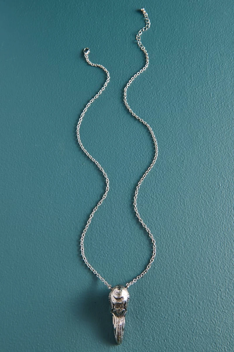 Silver Crow Skull Pendant Necklace