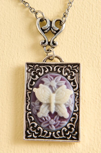 Silver Square Cameo Butterfly Necklace