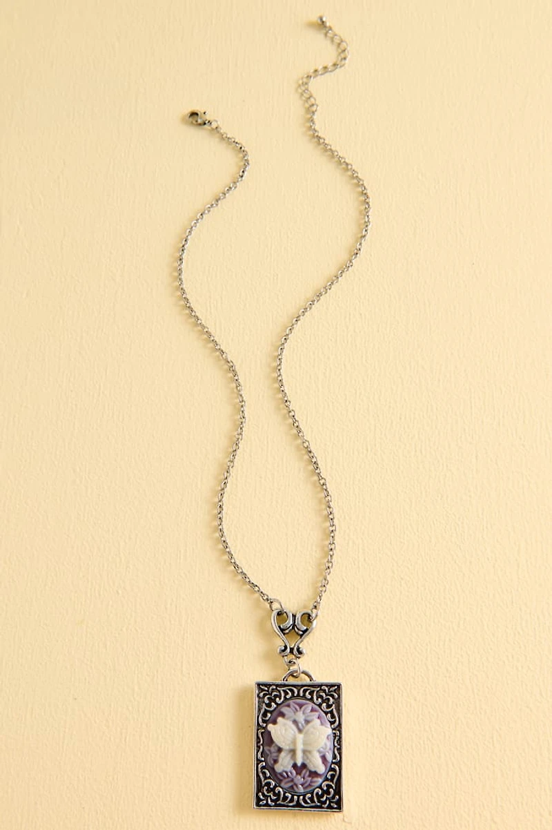 Silver Square Cameo Butterfly Necklace