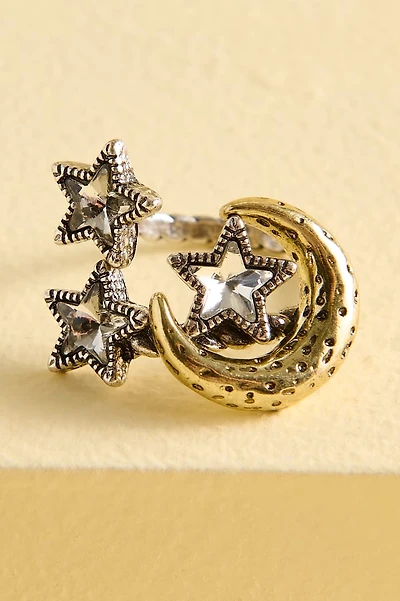 Two Tone Triple Star Moon Ring