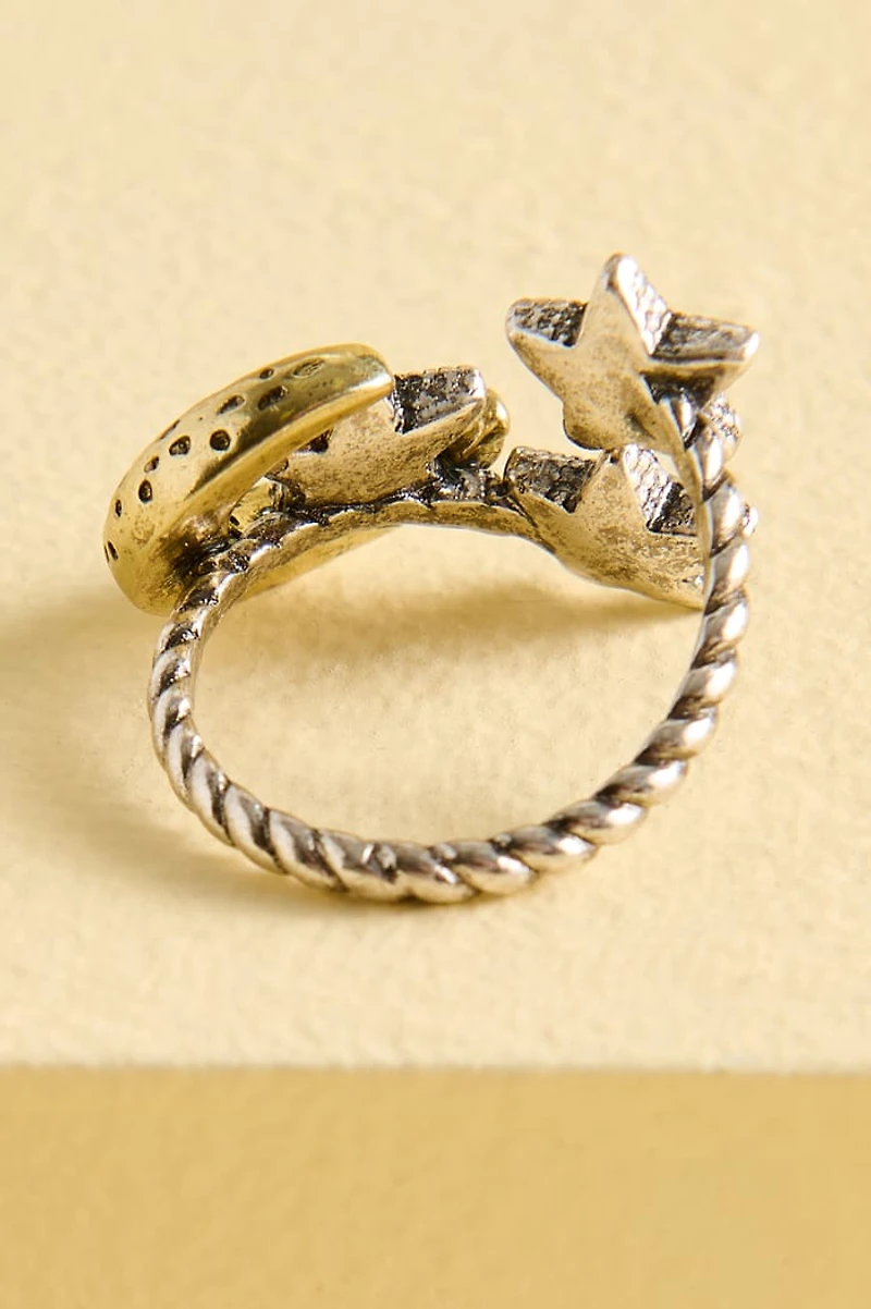 Two Tone Triple Star Moon Ring