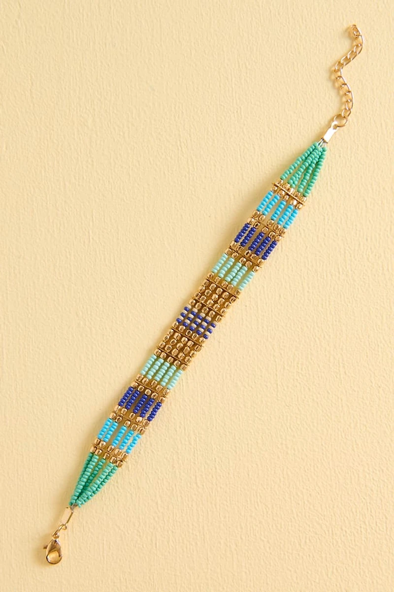 Gold Blue Beaded Beaded Bracelet