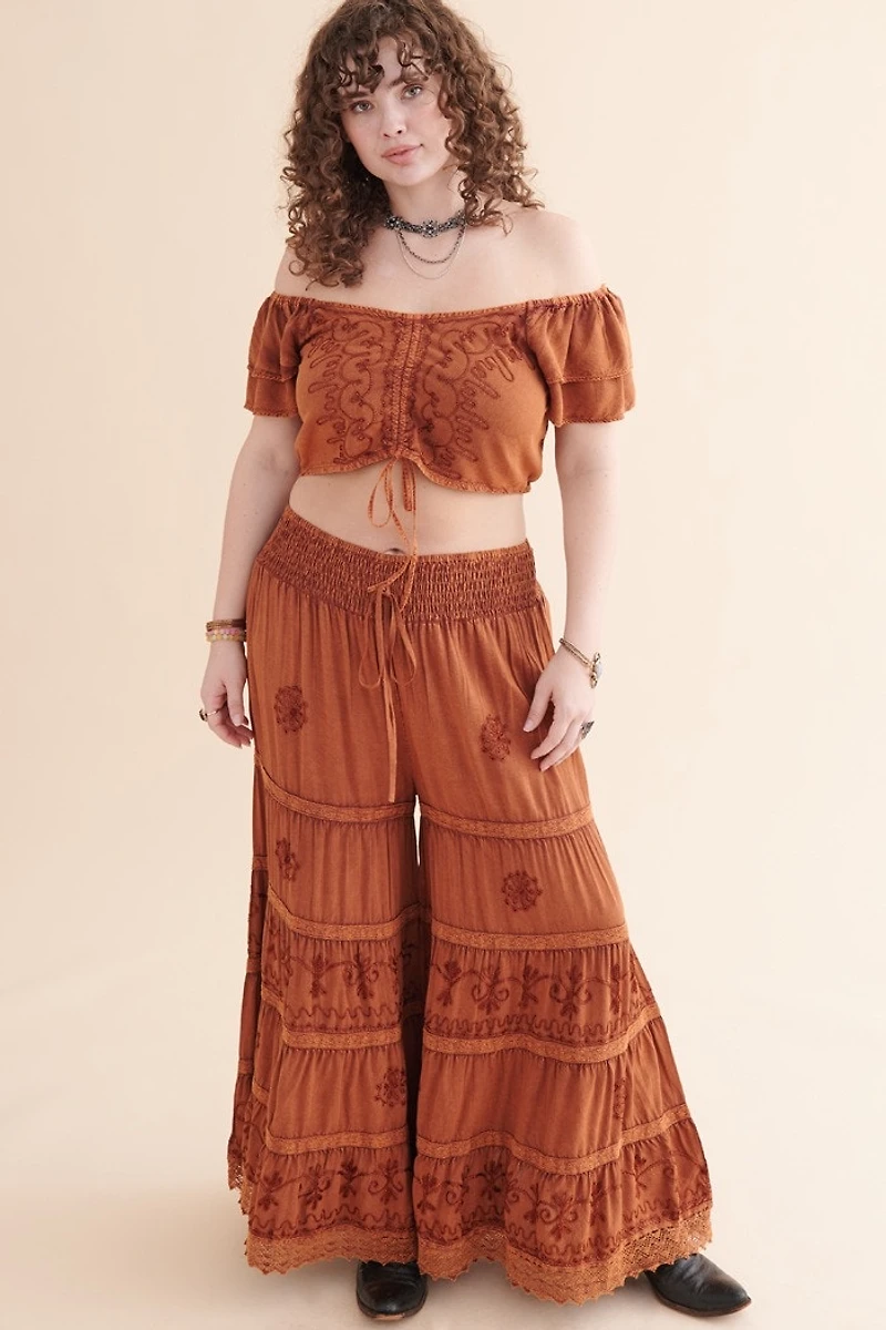 Orange Embroidered Wide Leg Pants