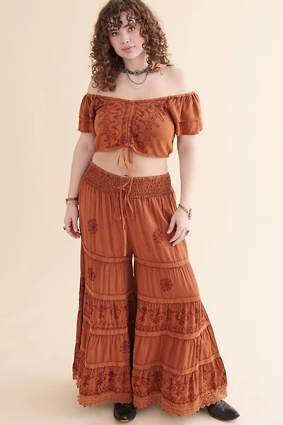 Orange Embroidered Wide Leg Pants