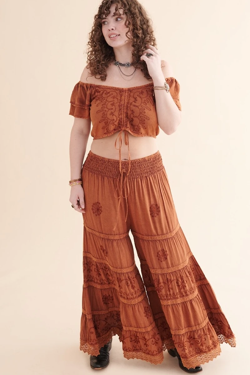 Orange Embroidered Wide Leg Pants