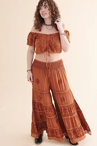 Orange Embroidered Wide Leg Pants