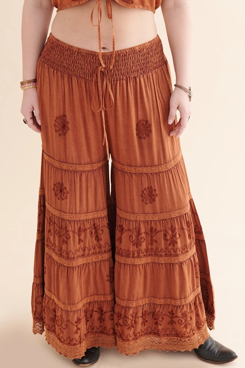 Orange Embroidered Wide Leg Pants