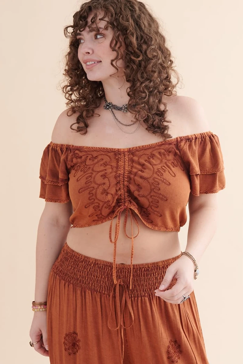 Orange Embroidered Cropped Top