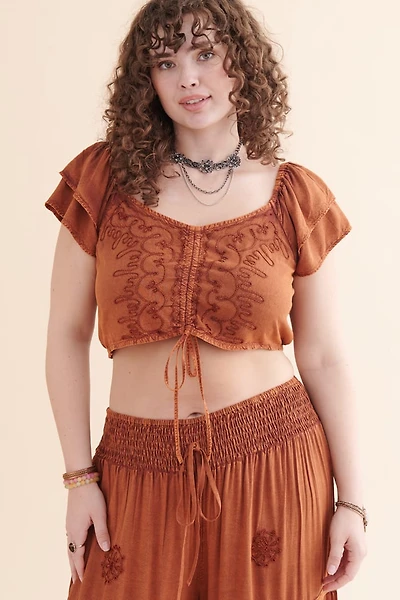 Orange Embroidered Cropped Top
