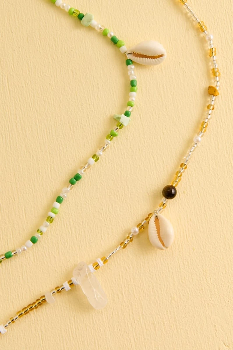 Green and Yellow Beaded Seashell Belt Set