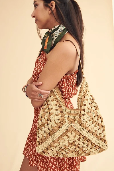 Brown Crochet Straw Market Shoulder Bag
