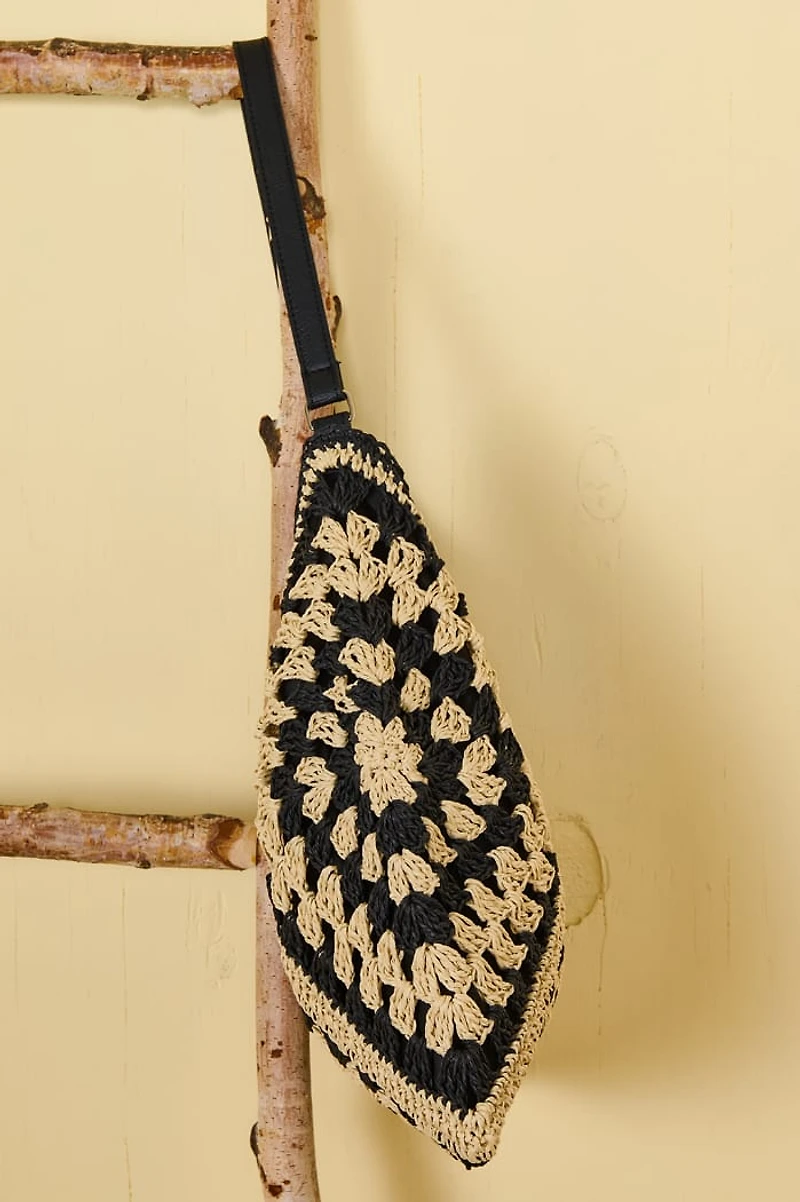 Black Crochet Straw Market Shoulder Bag