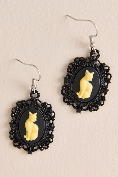 Ivory Black Cat Cameo Earrings