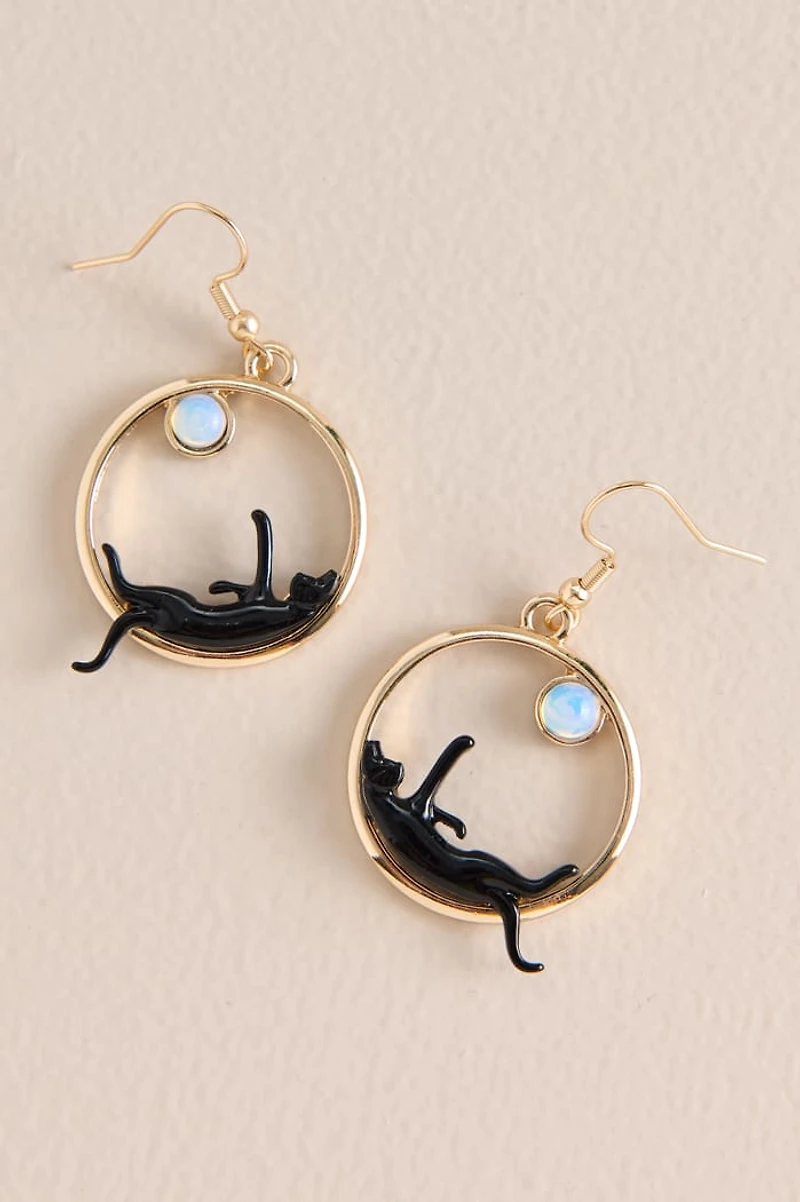 Opalite Cat Moon Circle Earrings