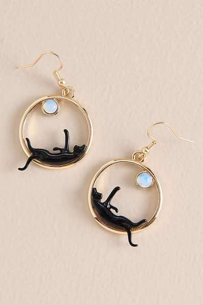 Opalite Cat Moon Circle Earrings