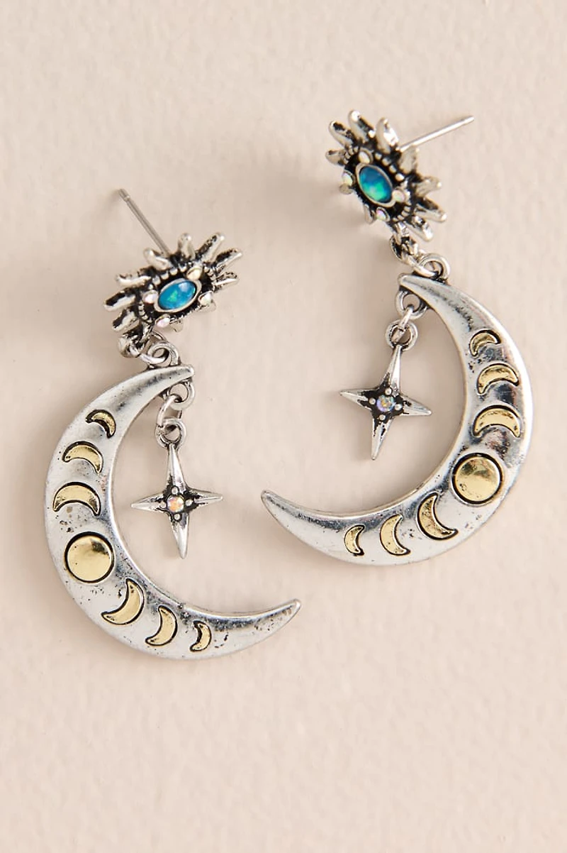 Two Tone Metal Moon Glass Earrings