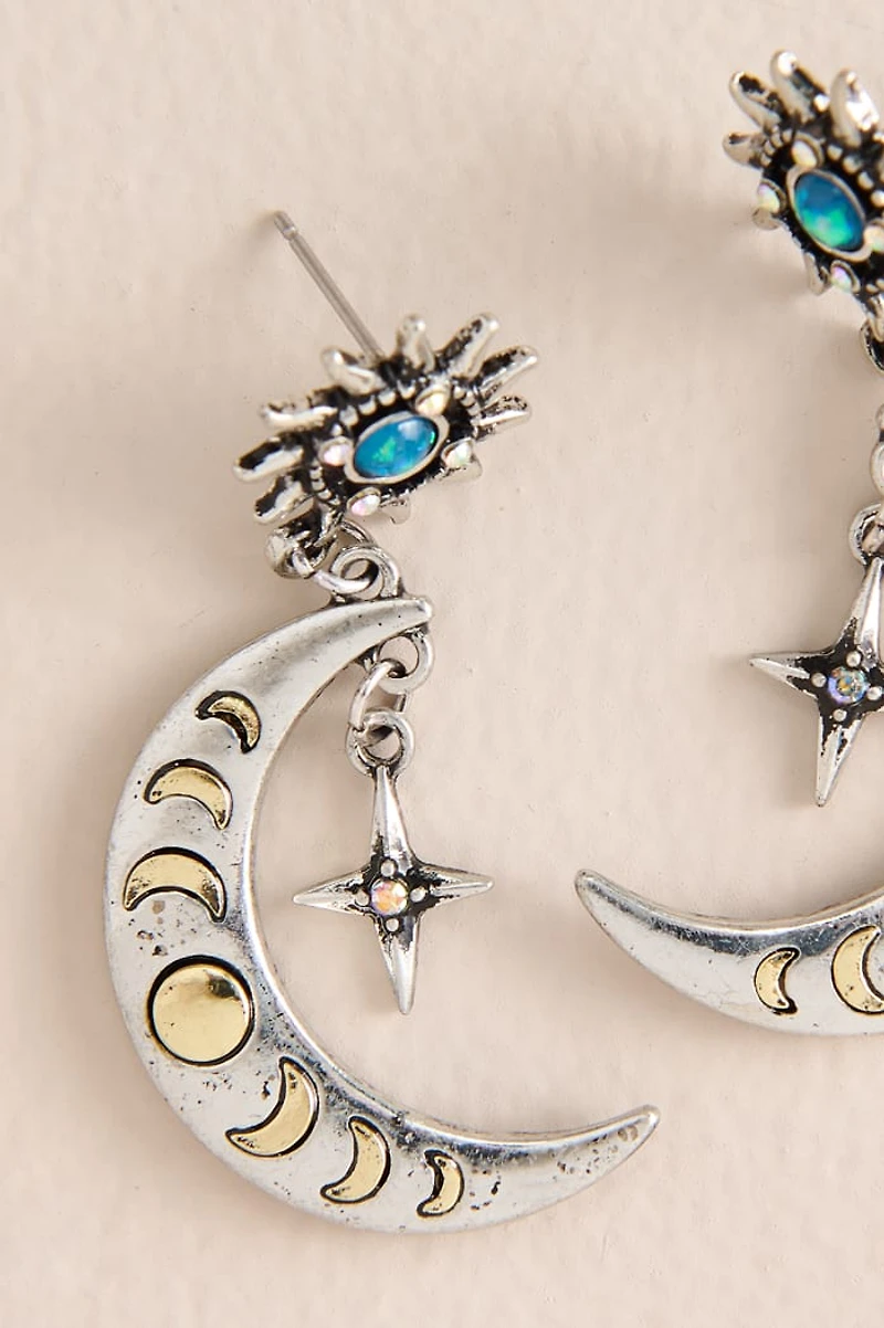 Two Tone Metal Moon Glass Earrings