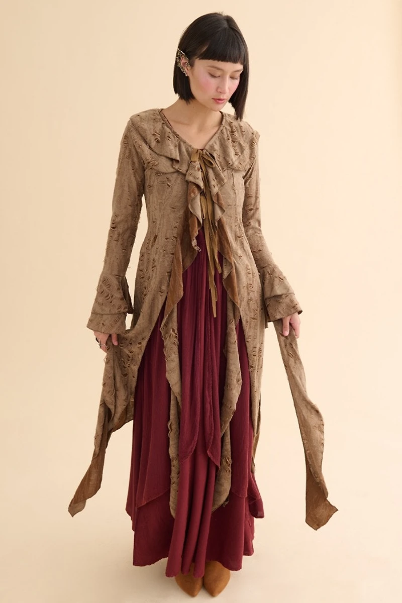 Brown Distressed Ruffle Duster Cardigan