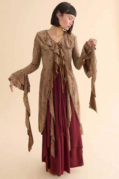 Brown Distressed Ruffle Duster Cardigan